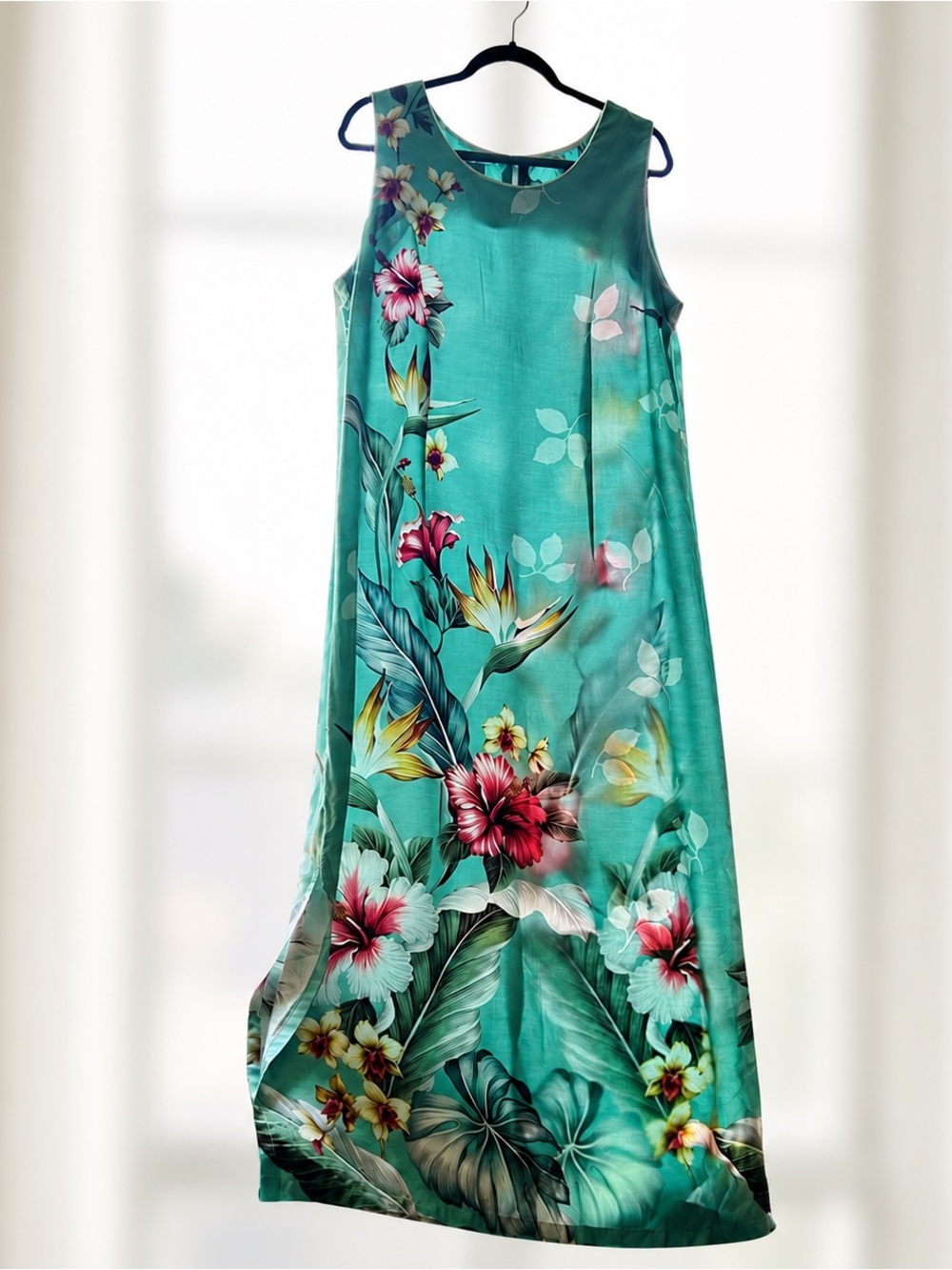 Vintage tropical teal green sleeveless long maxi dress by Paradise Bay, size XL